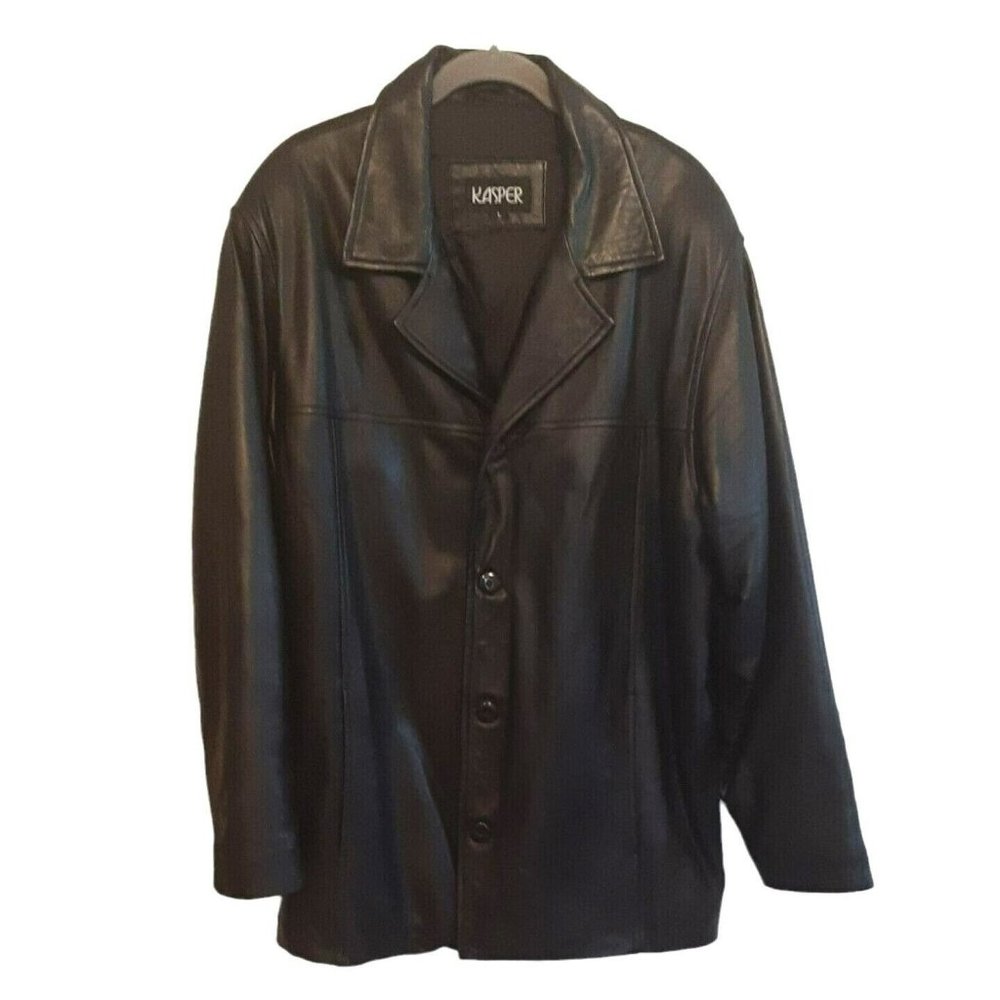Mens Large Kasper Black Leather Dress Jacket Button Up Lapels